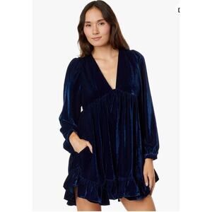Free People Estella Velvet Mini Dress Navy Blue Babydoll Ruffle Medium